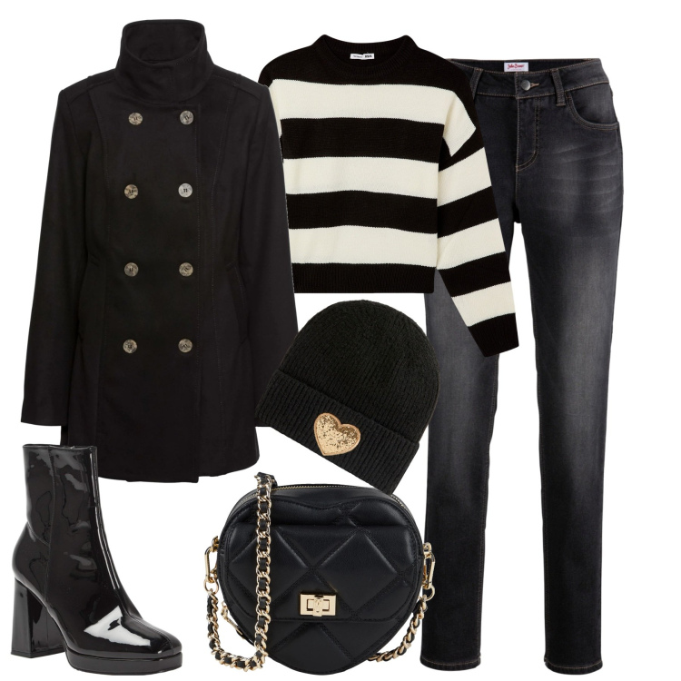 Outfit donna - City. Stile Casual chic per Tutti i giorni. Abbinamento con caban, jeans boyfriend, borse a tracolla, berretti, stivaletti, maglieria.