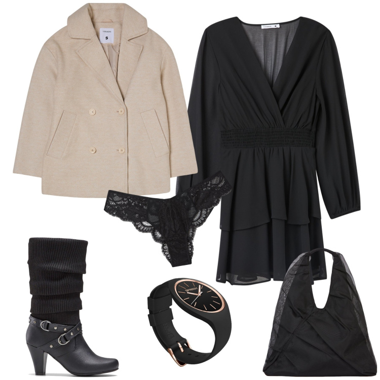 Outfit donna - Total look. Stile Urban per Ufficio. Abbinamento con stivali, vestiti, caban, culotte, orologi, shopping bag.