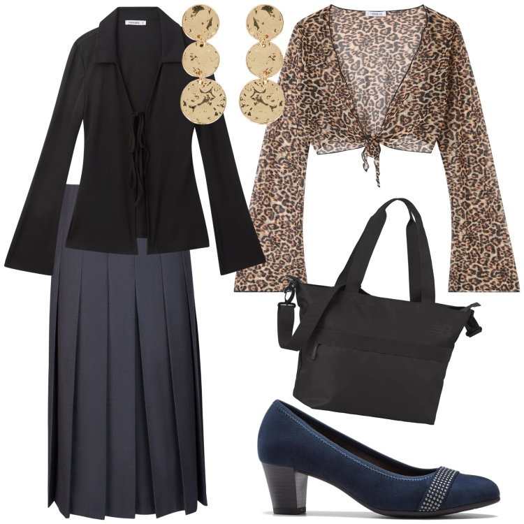 Outfit donna - Pranzo con amici in trattoria. Stile Urban per Tutti i giorni. Abbinamento con décolleté, camicie, bolero, borse tote, gonne longuette, orecchini.