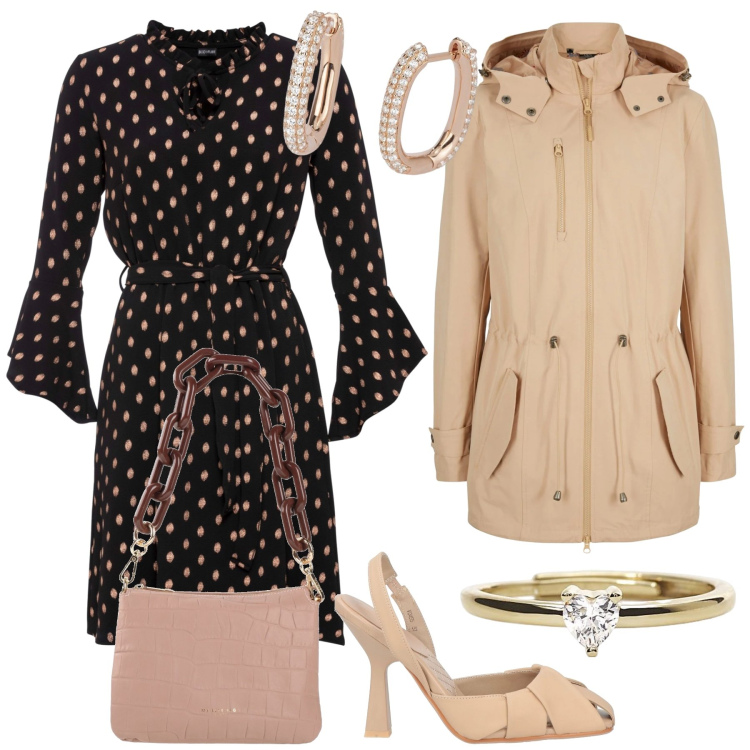 Outfit donna - Stasera al ristorante con lui. Stile Bon Ton per Serata fuori. Abbinamento con vestiti, parka, décolleté, borse a mano, anelli, orecchini.