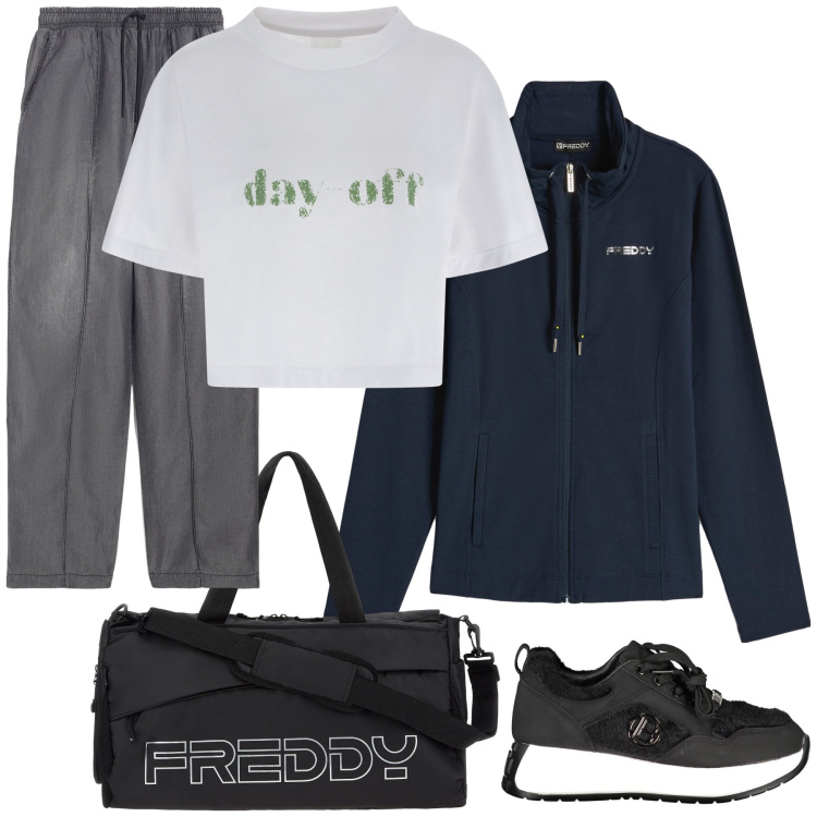 Outfit donna - Free time. Stile Basic per Sport. Abbinamento con borse sportive, t-shirt, jeans, felpe sportive, sneakers.