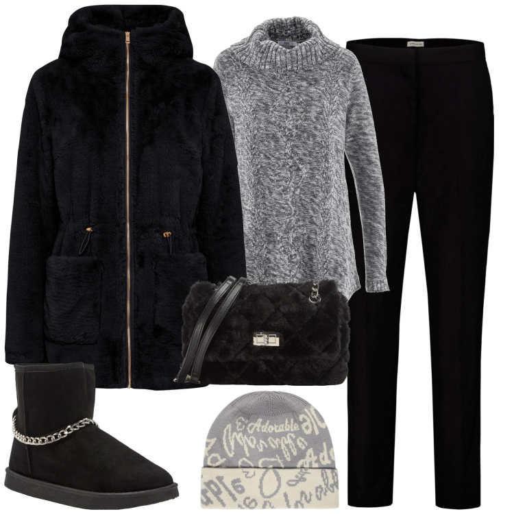 Outfit donna - Prima neve in città. Stile Urban per Tutti i giorni. Abbinamento con ecopellicce, maglieria, stivaletti, borse a spalla, pantaloni, cappelli.
