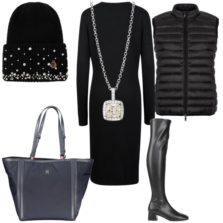 Outfit donna - Berrettino e collana scintillanti. Stile Urban per Ufficio. Abbinamento con stivali sopra il ginocchio, collane, berretti, piumini, vestiti midi/longuette, borse a spalla.
