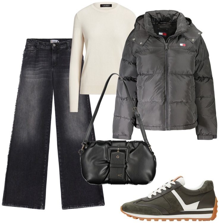 Outfit donna - City. Stile Casual per Tutti i giorni. Abbinamento con jeans, maglieria, sneakers, borse a mano, blazer.