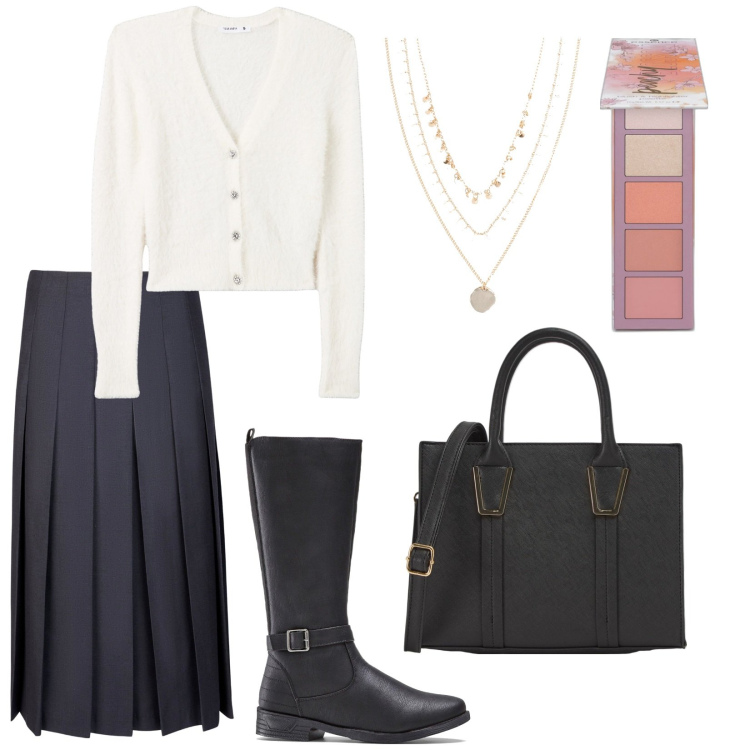 Outfit donna - Total look #2009907. Stile Bon Ton per Ufficio. Abbinamento con stivali, collane, blush, cardigans, shopping bag, gonne longuette.