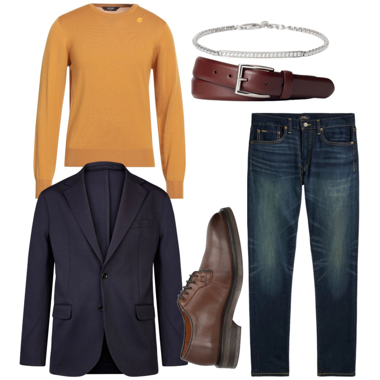 Outfit uomo - A cena fuori. Stile Casual per Serata speciale. Abbinamento con pullovers, scarpe stringate, braccialetti, cinture, jeans, giacche.