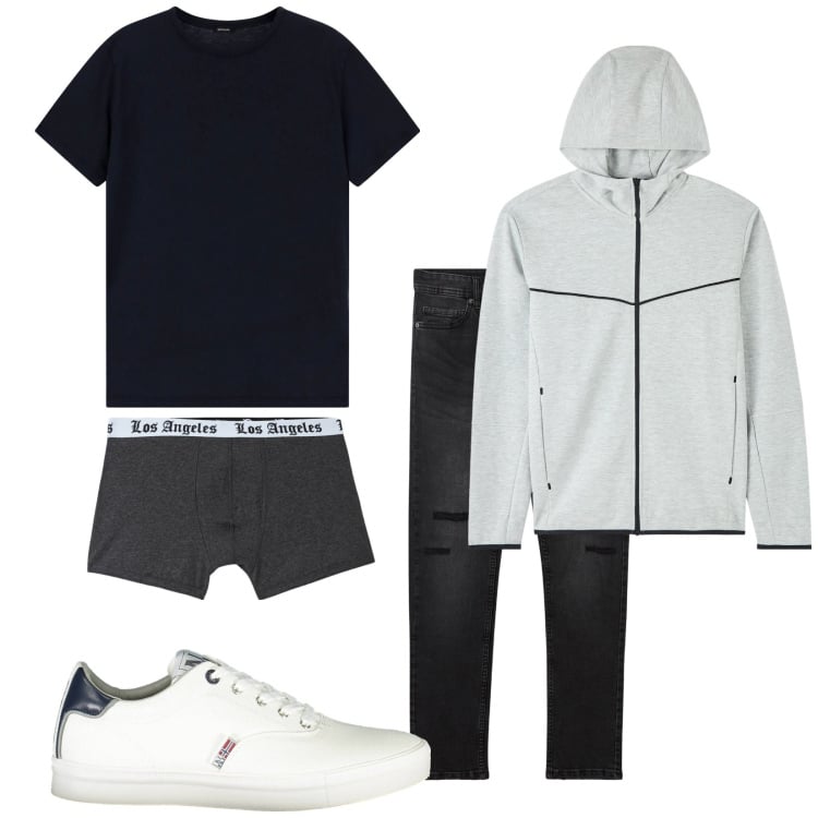 Outfit uomo - Total look #2009909. Stile Urban per Tutti i giorni. Abbinamento con felpe con cappuccio, jeans strappati, boxer, t-shirt, sneakers.