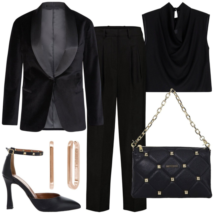 Outfit donna - Giacca smoking in velluto liscio. Stile Chic per Serata fuori. Abbinamento con orecchini, borse a spalla, décolleté, top, pantaloni, blazer.