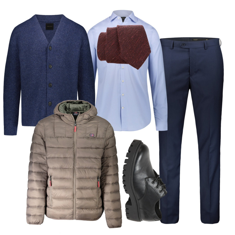 Outfit uomo - Cardigan in ufficio. Stile Business/Elegante per Ufficio. Abbinamento con scarpe stringate, cravatte, cardigans, camicie, giacche, pantaloni.