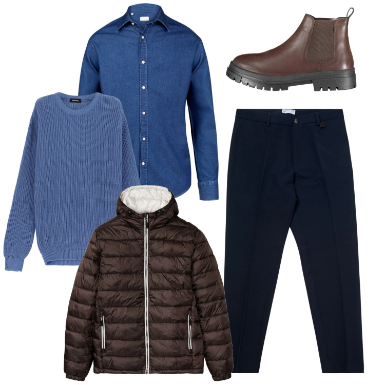 Outfit uomo - Tempo libero. Stile Casual per Tutti i giorni. Abbinamento con giacche, pantaloni chino, maglieria, stivali, camicie.