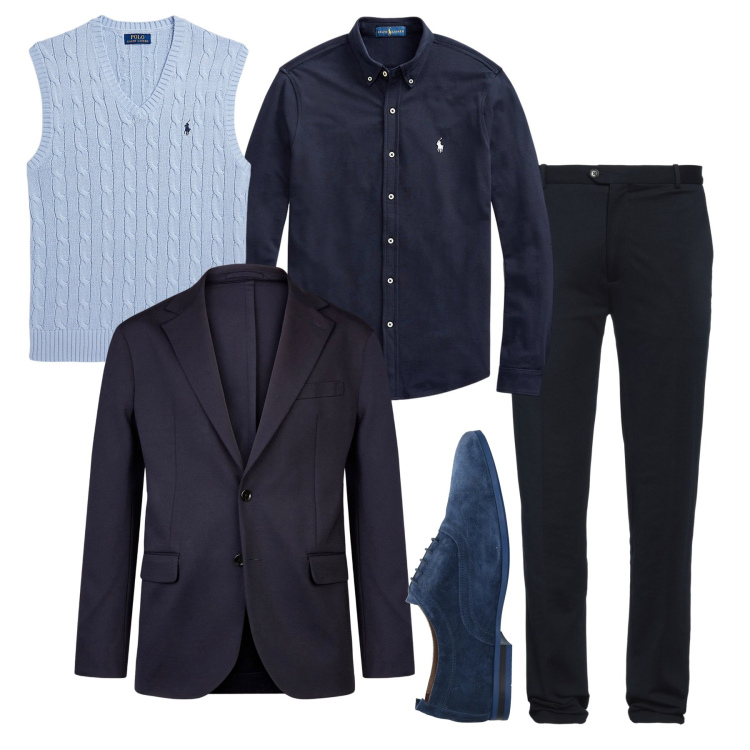 Outfit uomo - Cena in blu. Stile Urban per Serata speciale. Abbinamento con scarpe stringate, pantaloni, camicie, maglieria, giacche.