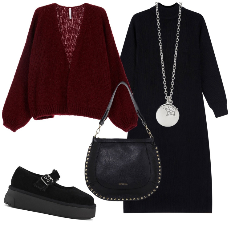 Outfit donna - Cardigan maglia morbida. Stile Casual chic per Serata fuori. Abbinamento con ciondoli, vestiti lunghi, cardigans, borse a spalla, décolleté.