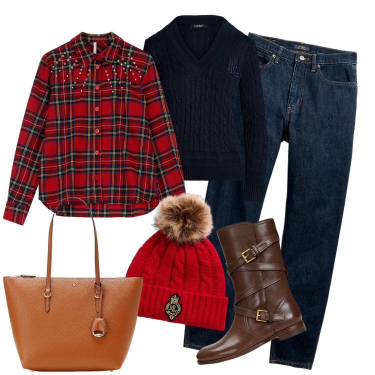Outfit donna - Spirito natalizio. Stile Casual per Tutti i giorni. Abbinamento con camicie, borse tote, stivali, jeans, maglieria, berretti.
