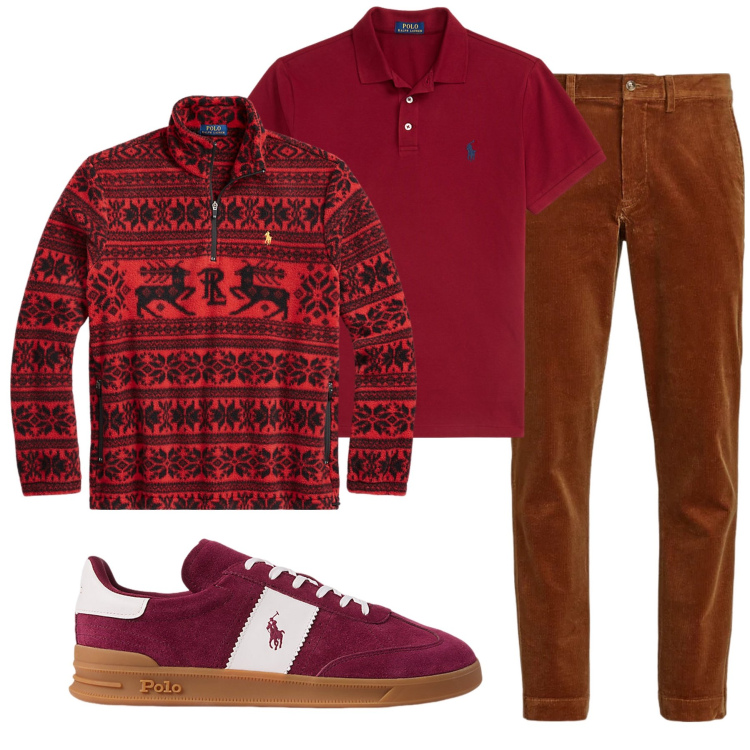Outfit uomo - Il pile rosso. Stile Casual per Tutti i giorni. Abbinamento con polo, pantaloni, sneakers, pullovers.