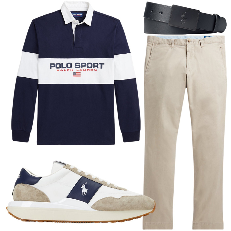 Outfit uomo - Beige e blu. Stile Casual per Tutti i giorni. Abbinamento con pantaloni, sneakers, cinture, maglieria.