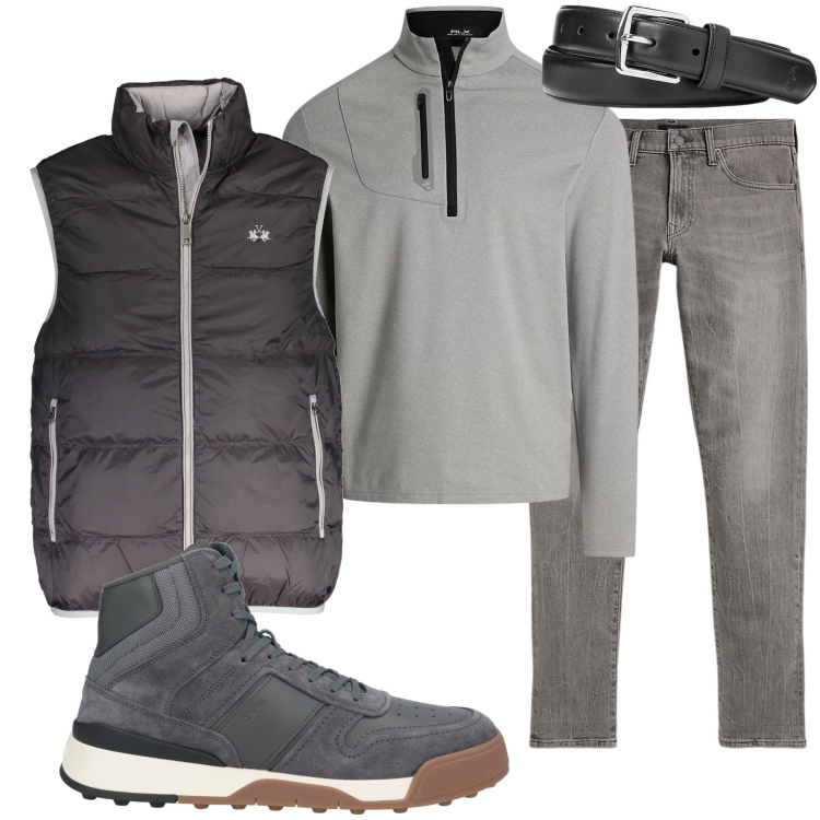 Outfit uomo - Total grey. Stile Casual per Tutti i giorni. Abbinamento con sneakers alte, cinture, pullovers, jeans, giacche.