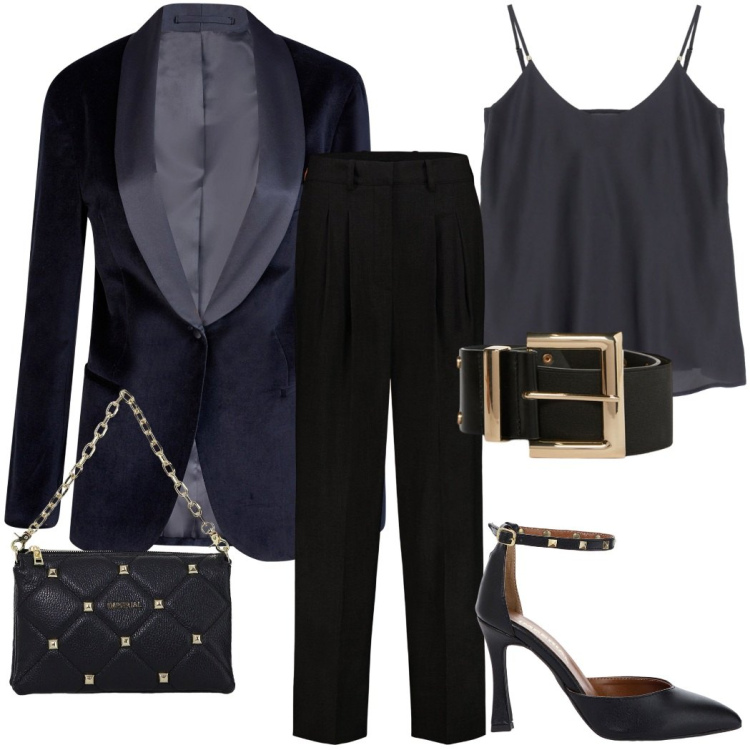 Outfit donna - Party. Stile Mannish per Serata fuori. Abbinamento con cinture, décolleté, top, borse a spalla, pantaloni, blazer.