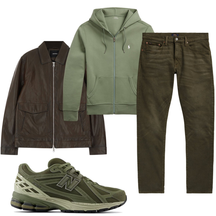 Outfit uomo - Total green. Stile Casual per Tutti i giorni. Abbinamento con sneakers, giacche, felpe, jeans.