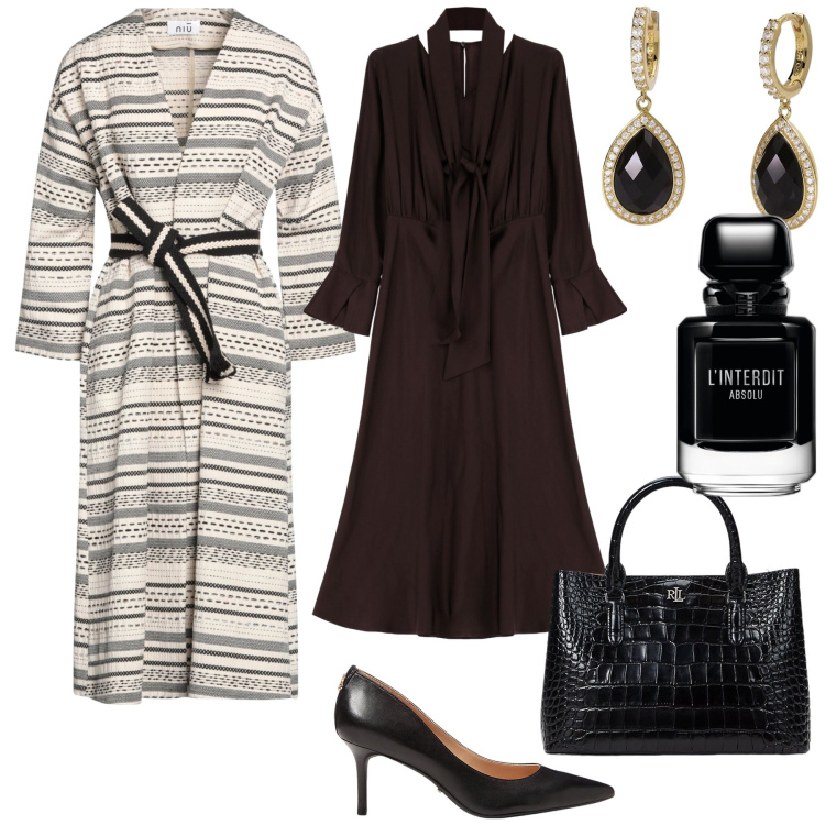 Outfit donna - A cena fuori in ristorante dí classe. Stile Chic per Serata fuori. Abbinamento con trench, profumi, orecchini, vestiti midi/longuette, borse a mano, décolleté.