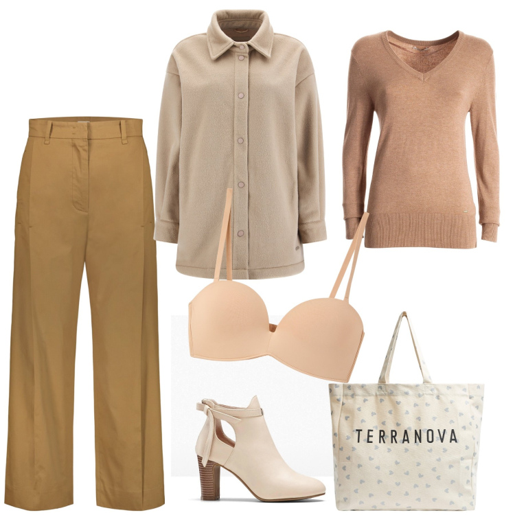 Outfit donna - Sfumature di sabbia. Stile Urban per Tutti i giorni. Abbinamento con stivaletti, shopping bag, reggiseni, maglieria, cappotti, pantaloni.