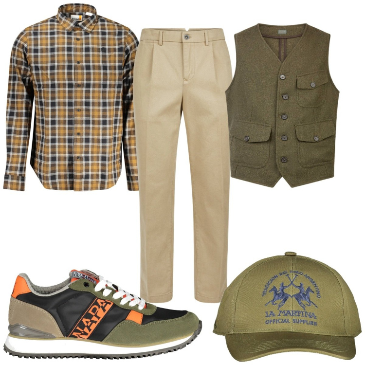 Outfit uomo - Total look #2009956. Stile Casual per Tutti i giorni. Abbinamento con pantaloni, gilet, sneakers, camicie, cappelli con visiera.