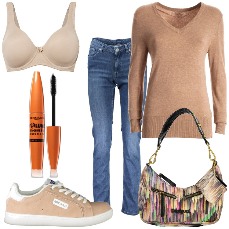 Outfit donna - Total look #2009957. Stile Casual per Tutti i giorni. Abbinamento con reggiseni, mascara, maglieria, sneakers, jeans, borse a spalla.