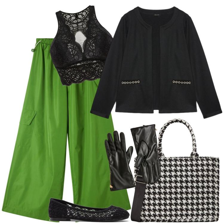 Outfit donna - Verde brillante e pizzo. Stile Glamour per Tutti i giorni. Abbinamento con ballerine, reggiseni, pantaloni cargo, shopping bag, guanti, blazer.