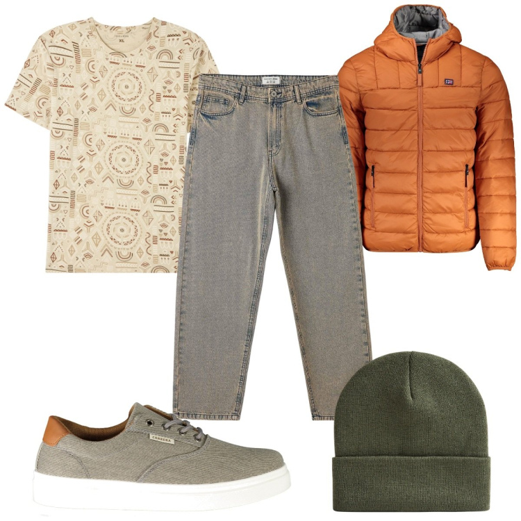 Outfit uomo - Total look #2009970. Stile Trendy per Tutti i giorni. Abbinamento con t-shirt, jeans, berretti, giacche, sneakers.