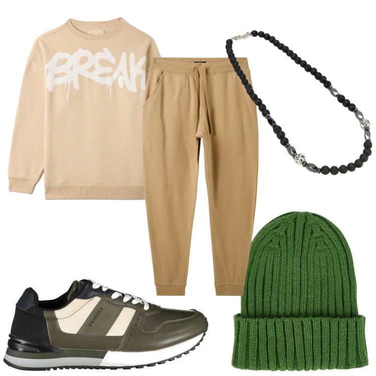 Outfit uomo - Total look #2009977. Stile Urban per Tutti i giorni. Abbinamento con felpe, pantaloni, collane, berretti, sneakers.