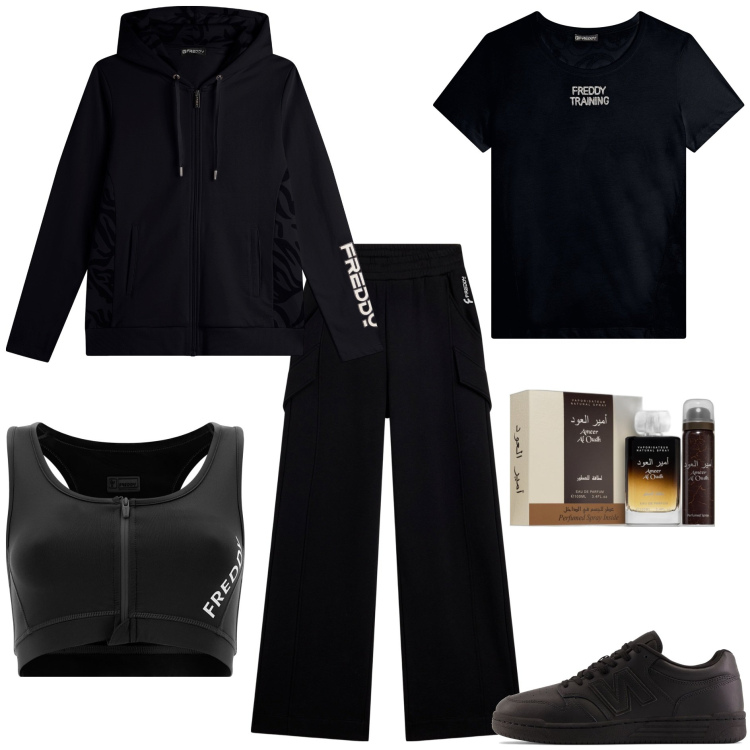 Outfit donna - Sport Total black a novembre - @ laurafo. Stile Basic per Tutti i giorni. Abbinamento con profumi, sneakers, felpe con cappuccio, t-shirt, pantaloni, reggiseni.