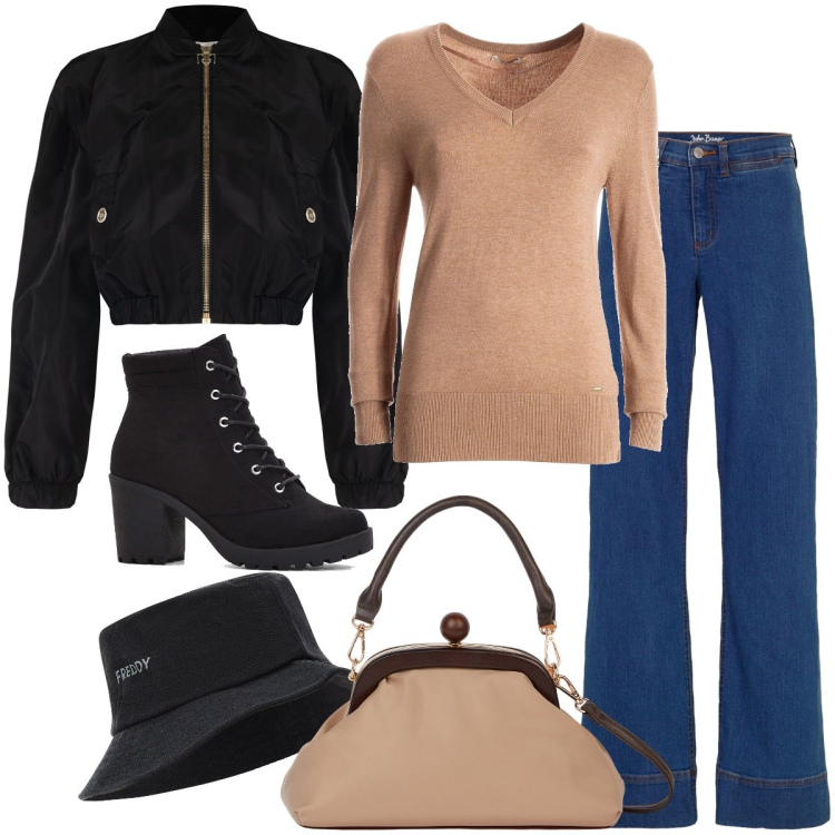 Outfit donna - Casual di giorno. Stile Casual per Tutti i giorni. Abbinamento con stivaletti, jeans, bomber, maglieria, cappelli, clutch.