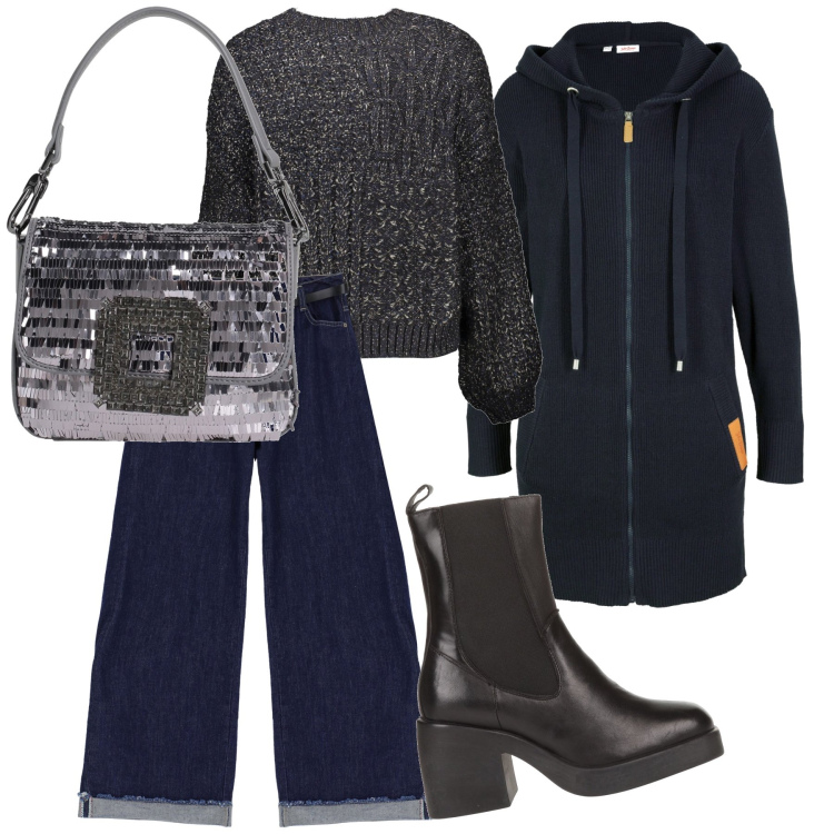 Outfit donna - Borsa e maglia luccicanti ma daily. Stile Casual chic per Tutti i giorni. Abbinamento con cardigans, borse a mano, stivaletti chelsea, jeans, maglieria.