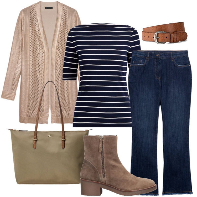 Outfit donna - Outfit semplice ma funzionale. Stile Basic per Ufficio. Abbinamento con cinture, stivaletti, borse tote, maglieria, jeans a zampa, cardigans.
