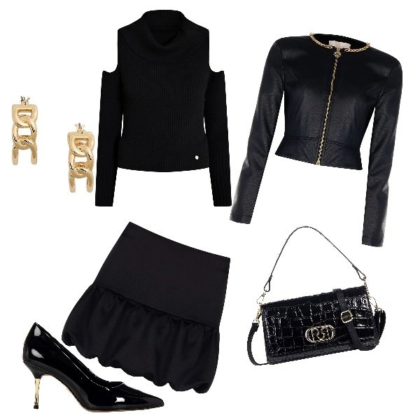 Outfit donna - total black. Stile Glamour per Serata fuori. look ideale per Petite. Abbinamento con orecchini, blazer, maglieria, gonne, décolleté, borse a tracolla.