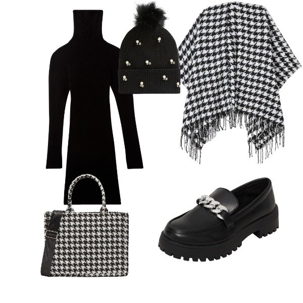 Outfit donna - pied di poule. Abbinamento con mocassini, vestiti corti, berretti, cappe, shopping bag.