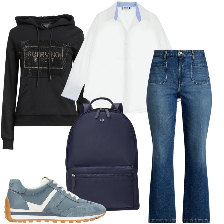 Outfit donna - Corso di economia aziendale. Stile Urban per Scuola/Università. Abbinamento con felpe con cappuccio, camicie, zaini, jeans, sneakers.