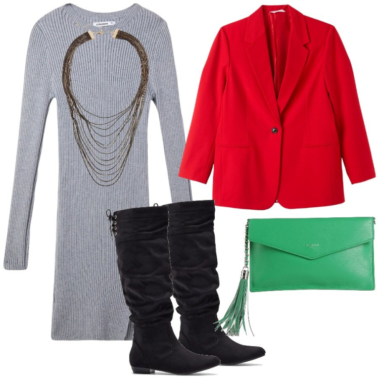 Outfit donna - Abito in maglia. Stile Casual chic per Ufficio. Abbinamento con stivali, collane, borse a mano, blazer, vestiti lunghi.
