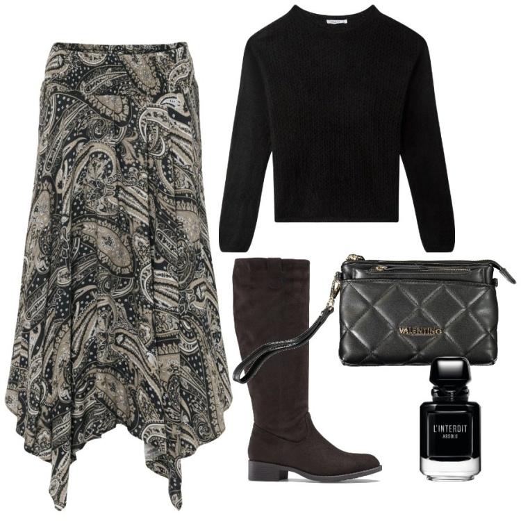 Outfit donna - Da mattina a sera. Stile Casual chic per Ufficio. Abbinamento con gonne longuette, stivali, profumi, maglieria, pochette.