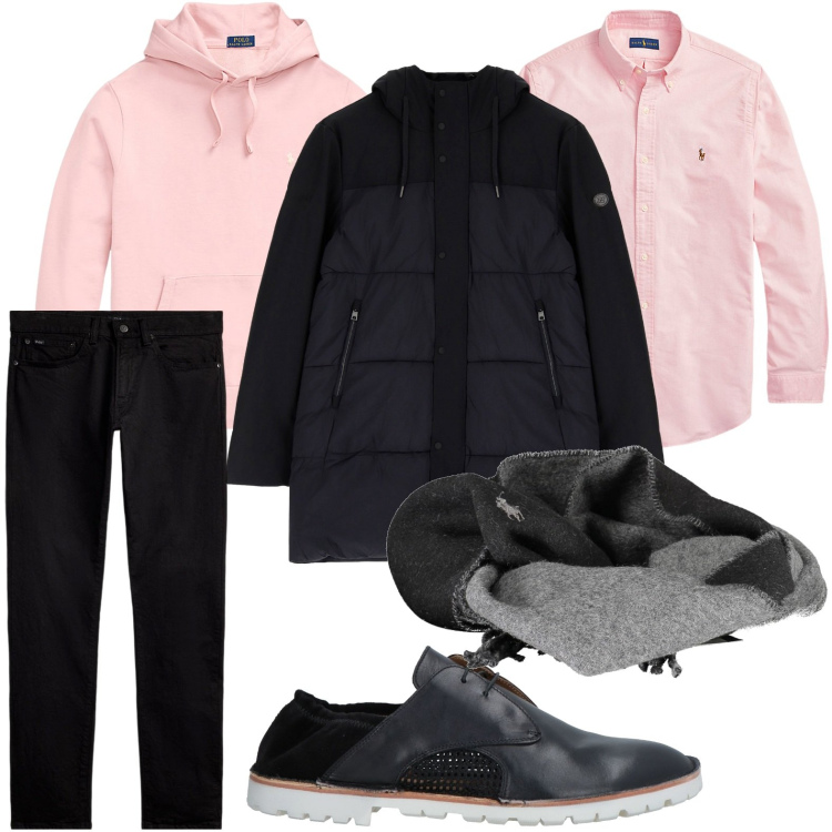 Outfit uomo - Un tocco di rosa. Stile Casual per Tutti i giorni. Abbinamento con scarpe stringate, piumini, camicie, jeans, felpe con cappuccio, sciarpe.
