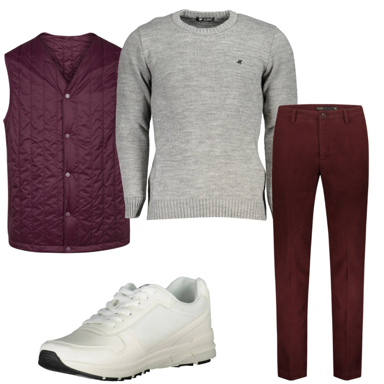 Outfit uomo - Emozioni bordeaux. Stile Trendy per Tutti i giorni. Abbinamento con pantaloni, piumini, maglieria, sneakers.