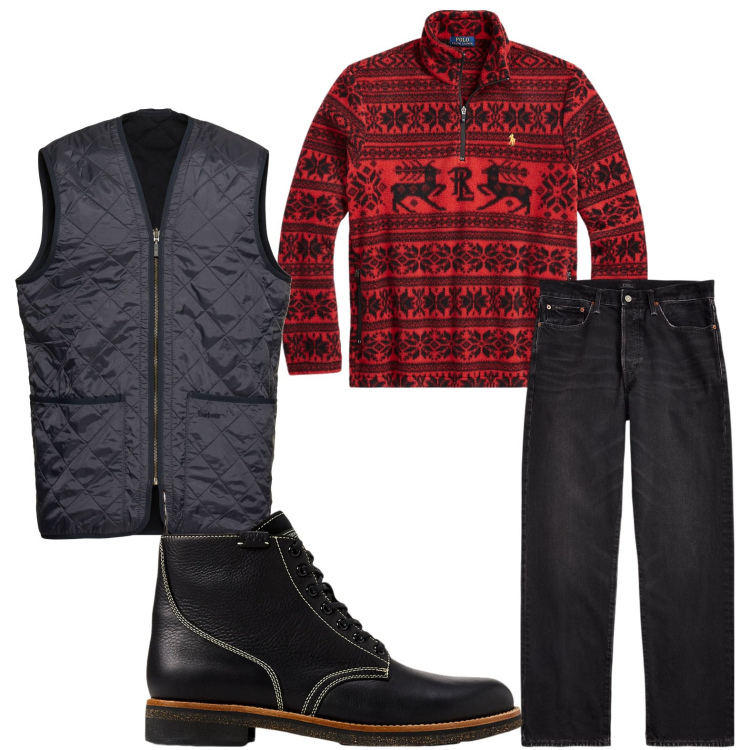 Outfit uomo - Pull natalizio. Stile Trendy per Tutti i giorni. Abbinamento con jeans dritti, stivali, pullovers, gilet.