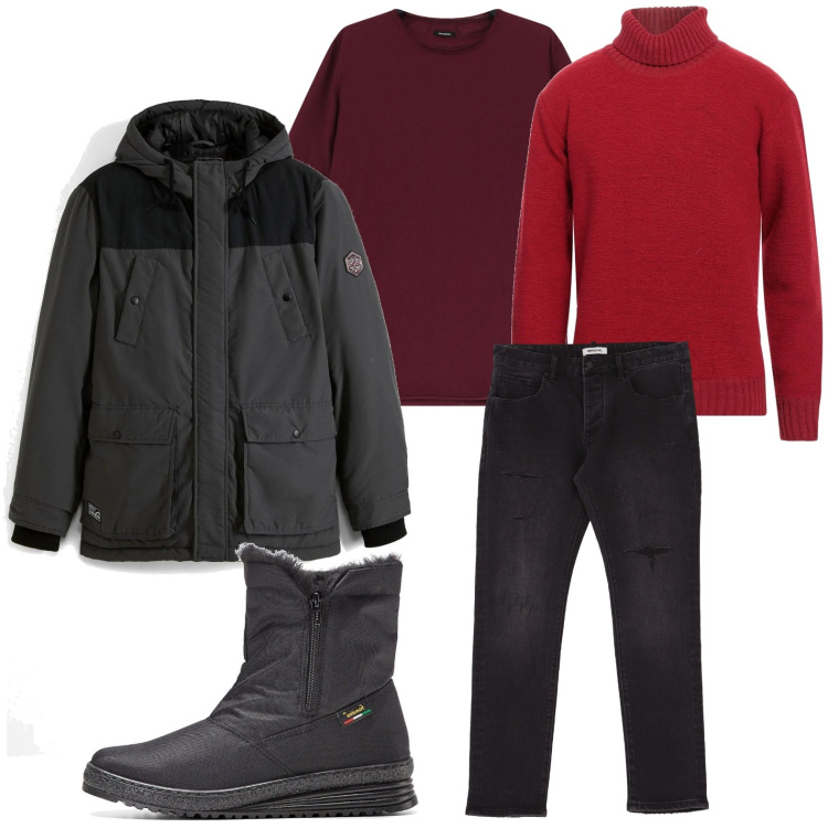 Outfit uomo - Urban style. Stile Urban per Tutti i giorni. Abbinamento con stivali e stivaletti, piumini, maglieria, jeans slim fit, t-shirt.