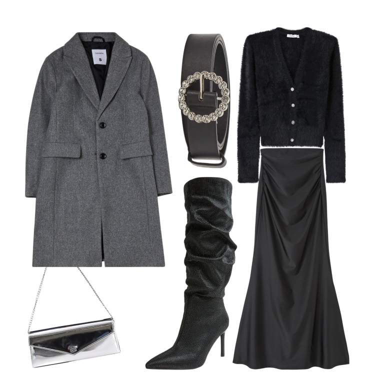Outfit donna - Casual chic. Stile Casual chic per Serata fuori. Abbinamento con gonne lunghe, cardigans, cinture, stivali, cappotti, pochette.