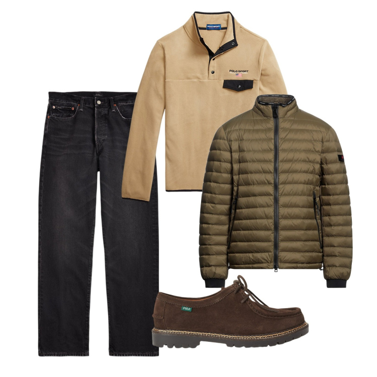 Outfit uomo - Cannella. Stile Casual per Tutti i giorni. Abbinamento con piumini, jeans dritti, scarpe stringate, pullovers.