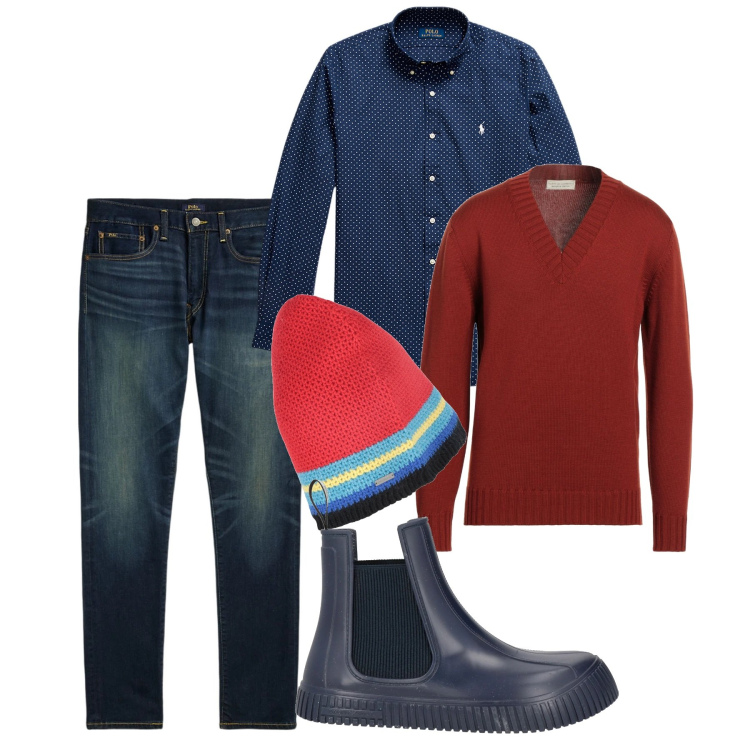 Outfit uomo - Il pull a V. Stile Casual per Tutti i giorni. Abbinamento con pullovers, cappelli, stivali e stivaletti, jeans, camicie.