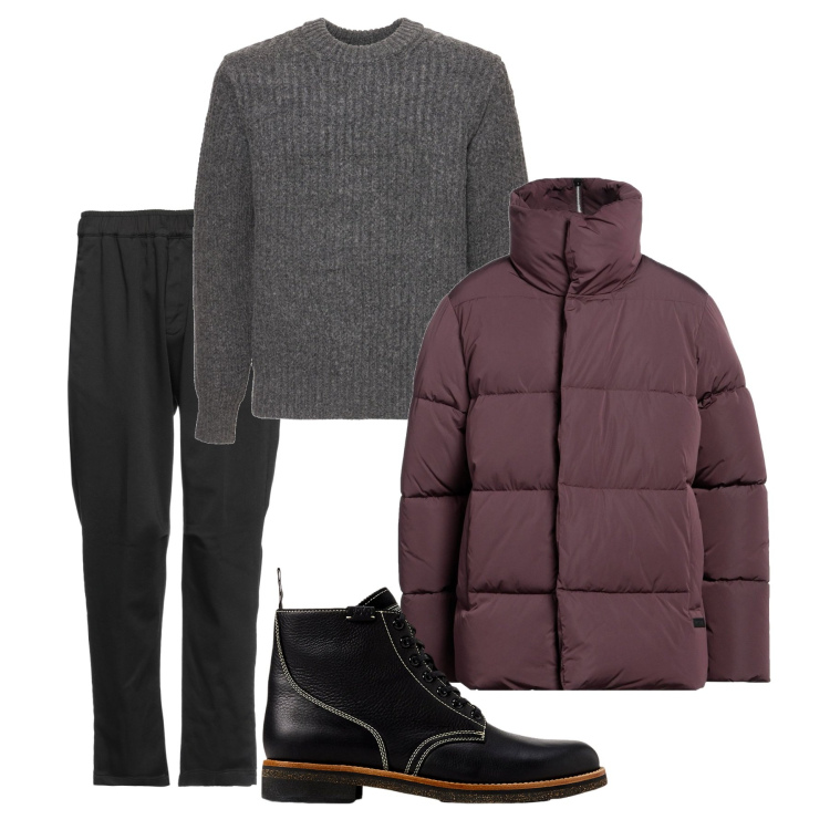 Outfit uomo - Il piumino color mosto. Stile Urban per Serata speciale. Abbinamento con piumini, pantaloni, stivali, maglieria.