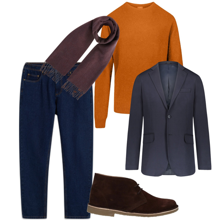 Outfit uomo - Il pull zafferano. Stile Trendy per Serata speciale. Abbinamento con jeans dritti, stivali e stivaletti, maglieria, giacche, sciarpe.