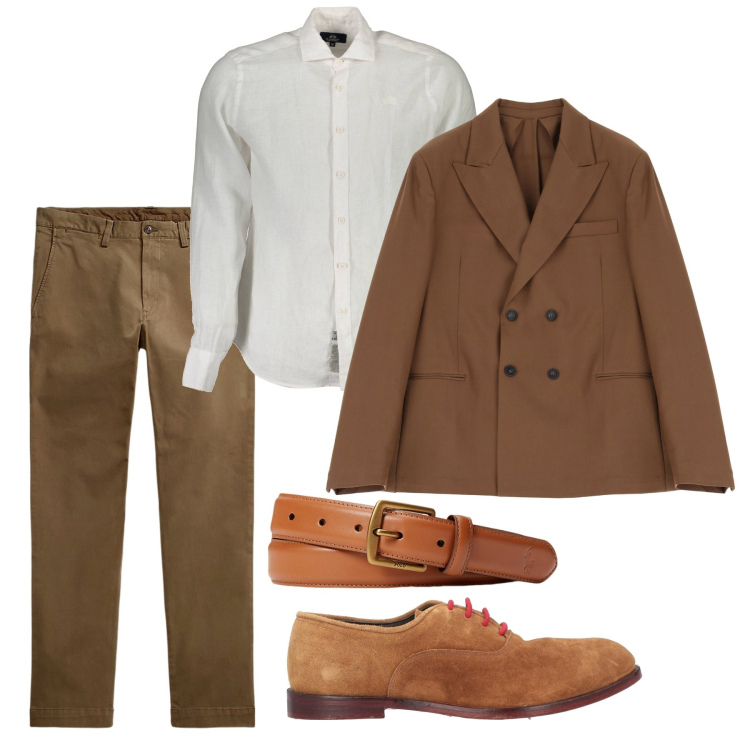 Outfit uomo - Doppiopetto caramello. Stile Trendy per Ufficio. Abbinamento con scarpe stringate, giacche, cinture, pantaloni, camicie.