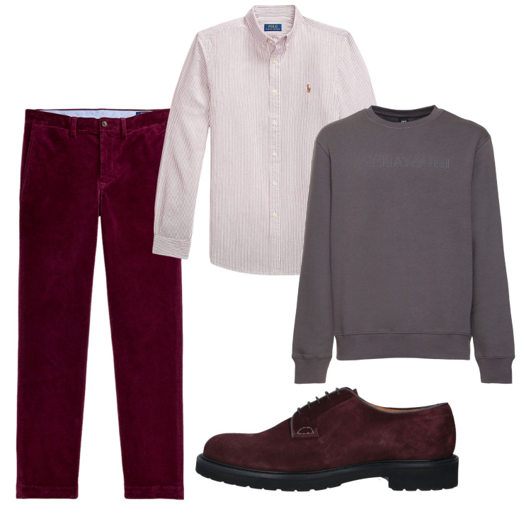 Outfit uomo - I pantaloni wine. Stile Trendy per Serata speciale. Abbinamento con scarpe stringate, pantaloni, camicie, felpe.