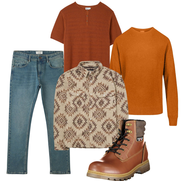Outfit uomo - Il colore delle spezie. Stile Urban per Tutti i giorni. Abbinamento con cappotti, jeans, t-shirt, maglieria, stivali.